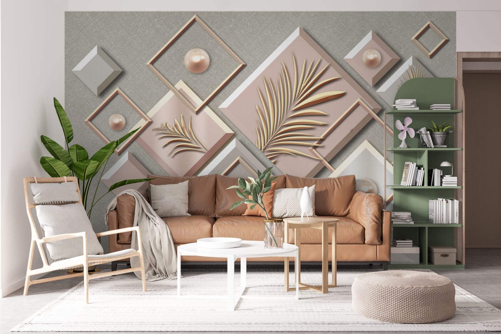 Papier peint abstrait en forme de rectangles avec des feuilles