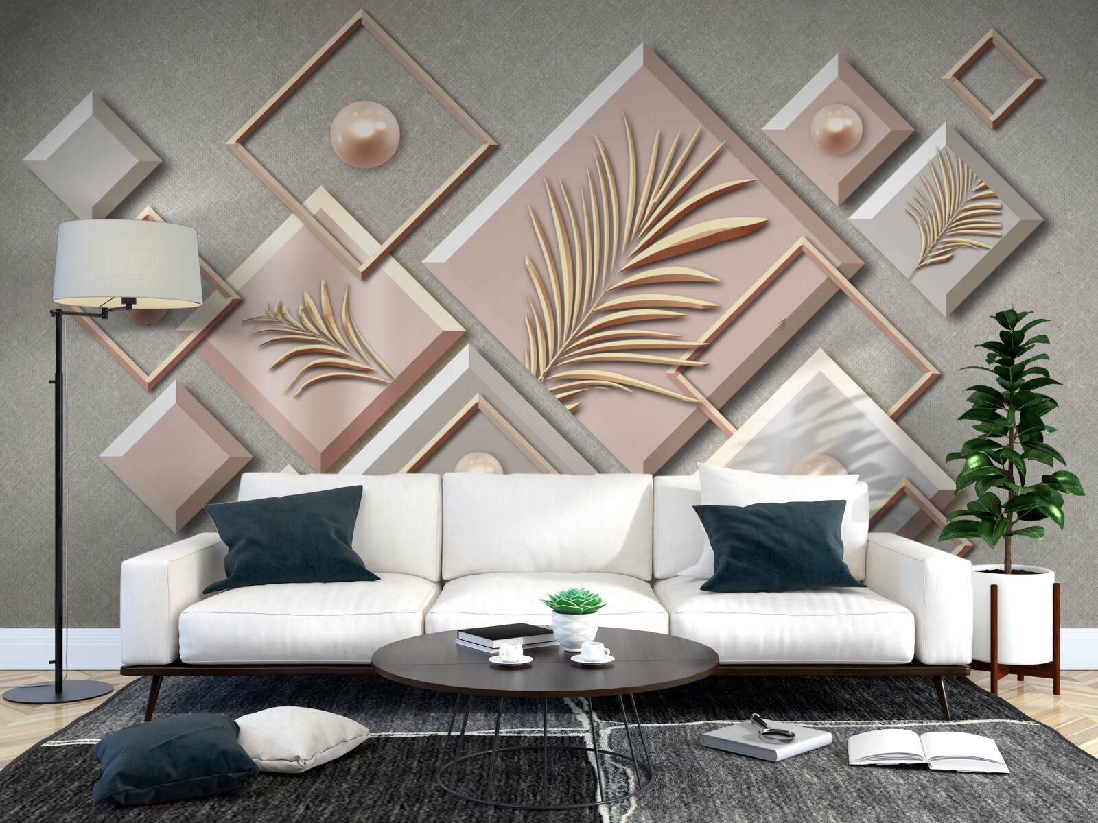 Papier peint abstrait en forme de rectangles avec des feuilles