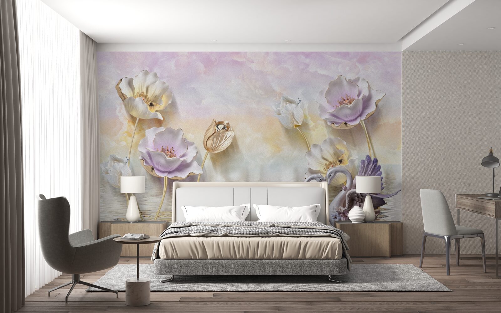 Papier peint reflets de fleurs délicates dans l'eau