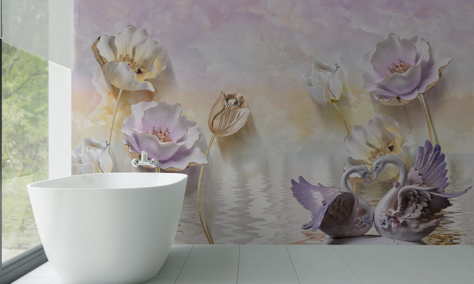 Papier peint reflets de fleurs délicates dans l'eau