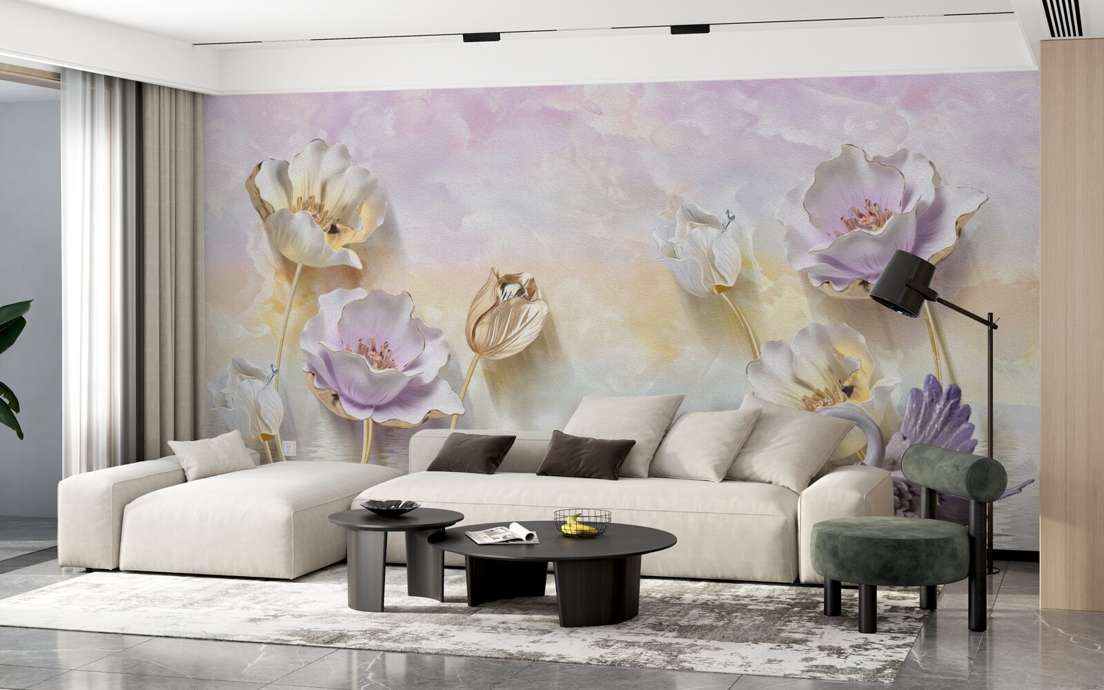 Papier peint reflets de fleurs délicates dans l'eau