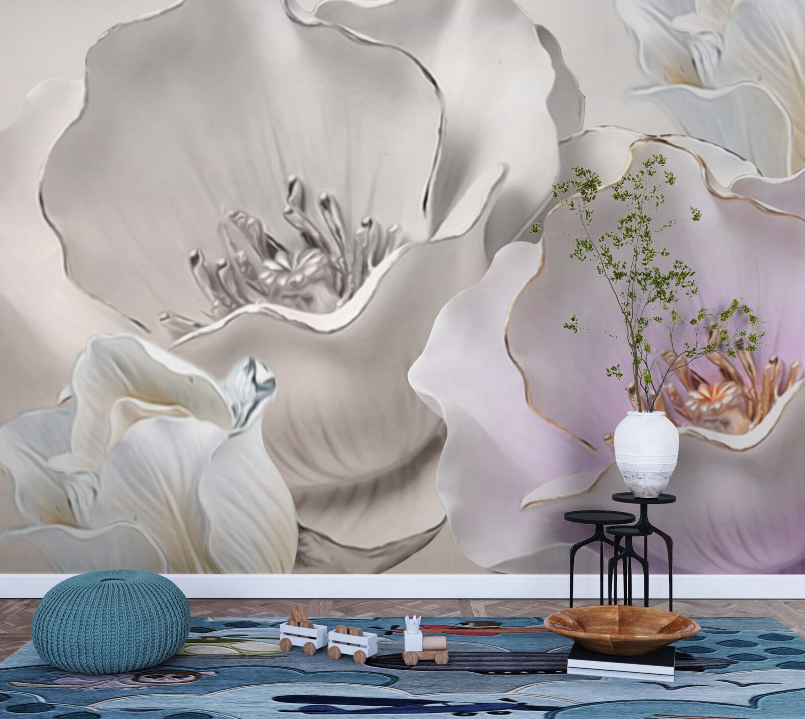 Papier peint des fleurs gracieuses et blanches comme de la porcelaine