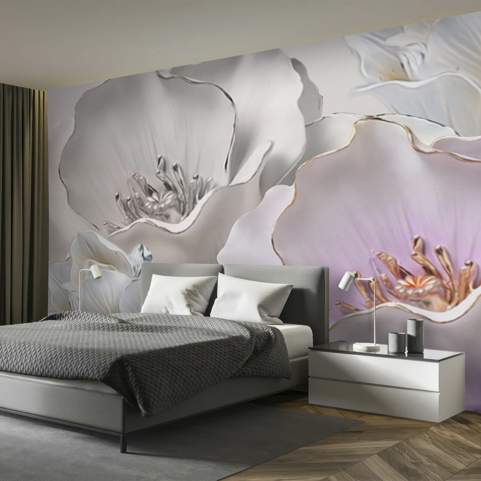 Papier peint des fleurs gracieuses et blanches comme de la porcelaine