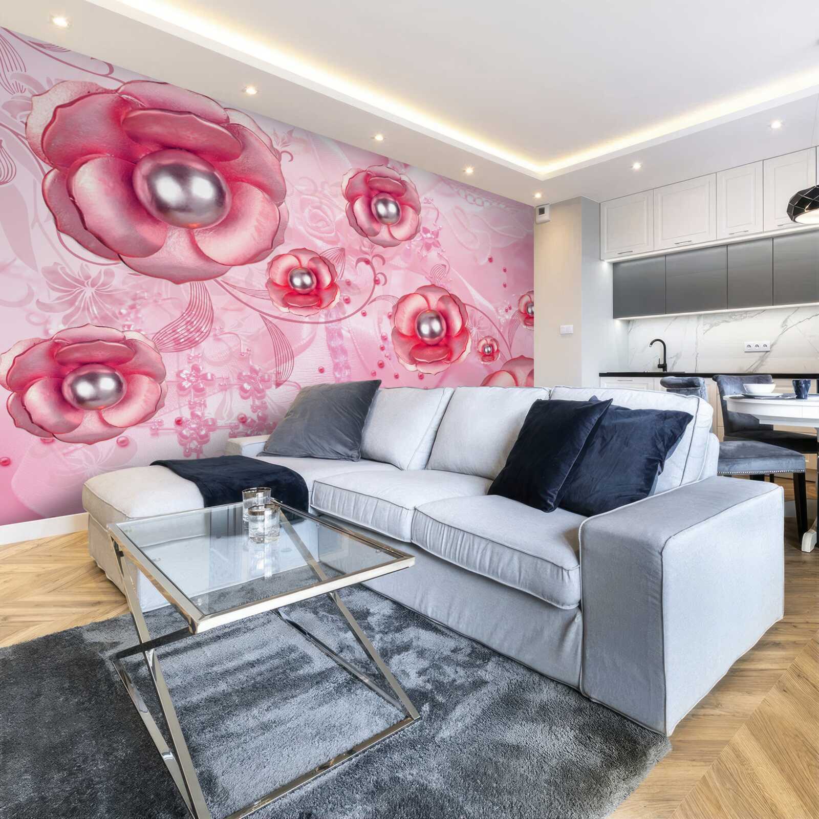 Papier peint de subtils bourgeons rouges avec un cœur rempli de perles