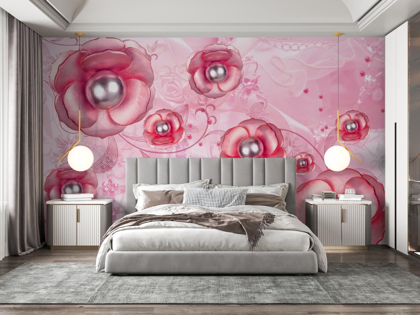 Papier peint de subtils bourgeons rouges avec un cœur rempli de perles