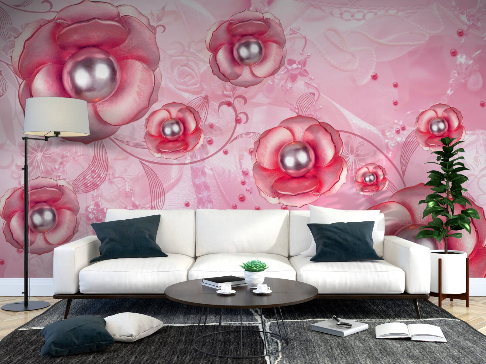 Papier peint de subtils bourgeons rouges avec un cœur rempli de perles