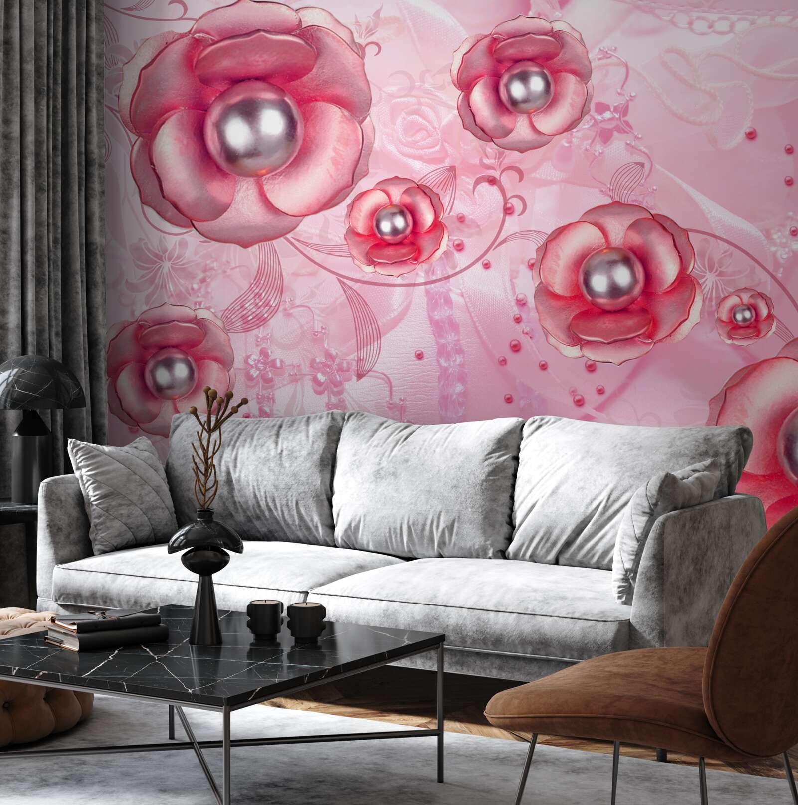 Papier peint de subtils bourgeons rouges avec un cœur rempli de perles