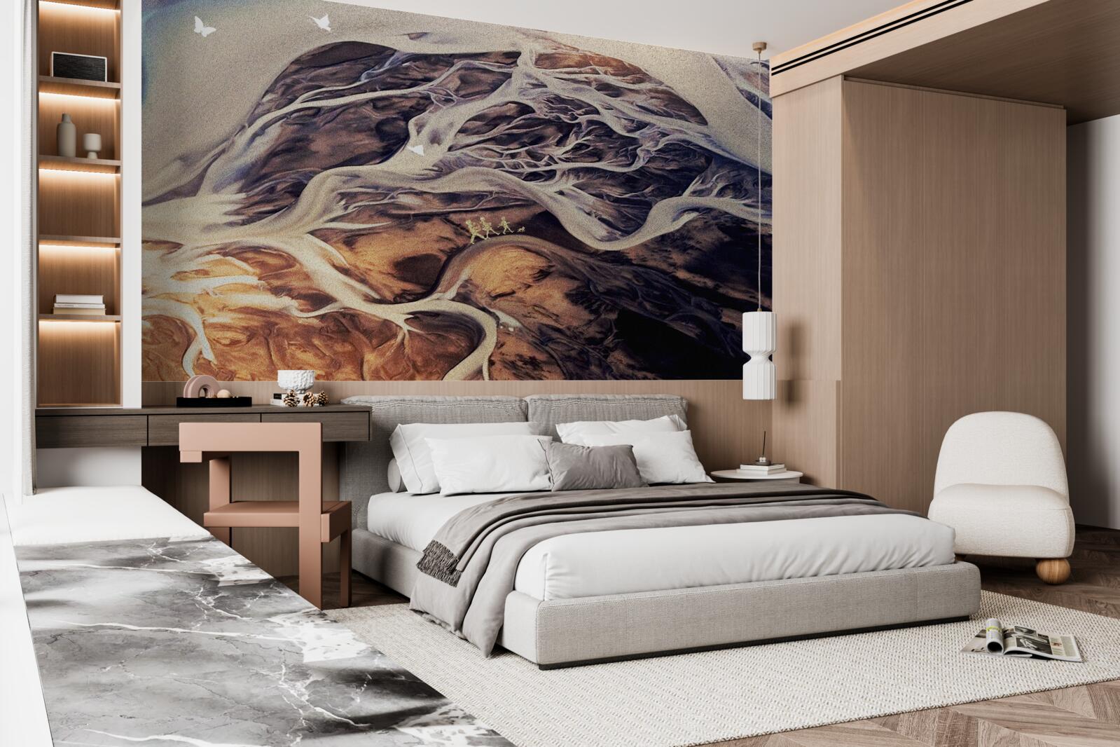 Papier peint fausse silhouette d'un arbre dessinée sur le sable