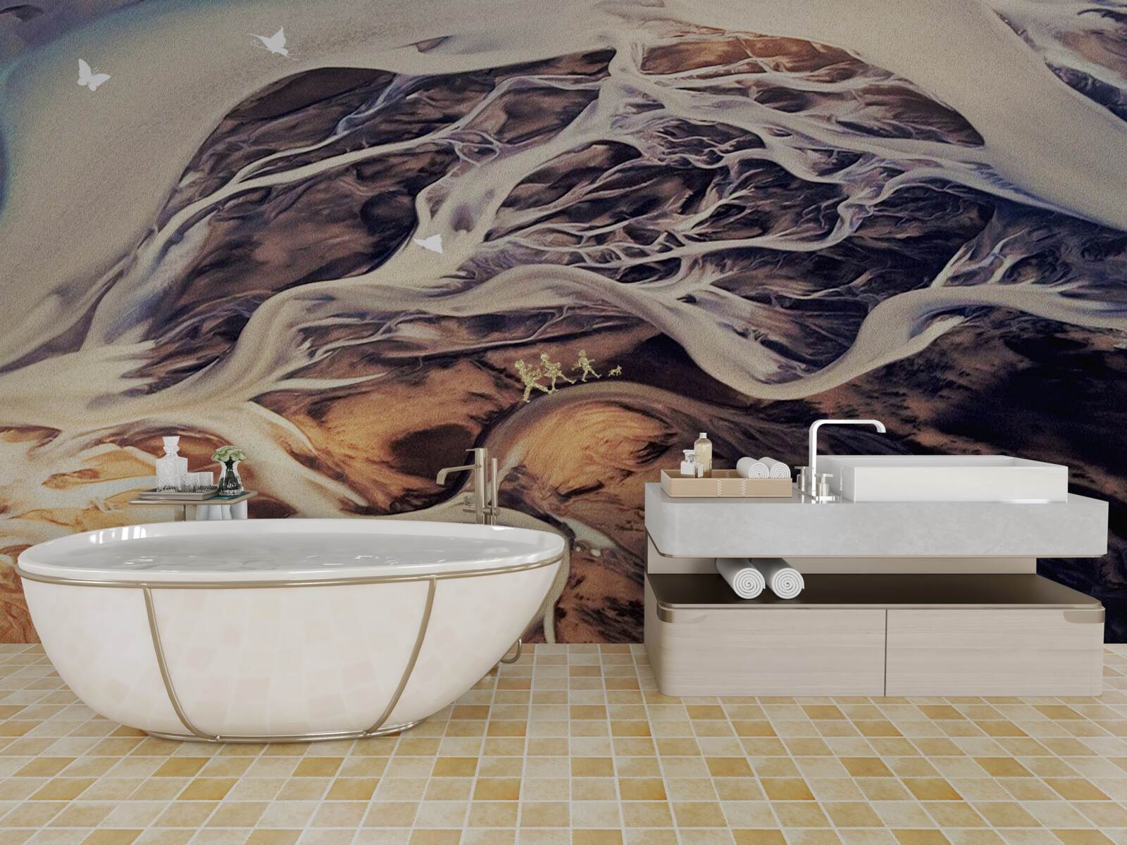 Papier peint fausse silhouette d'un arbre dessinée sur le sable