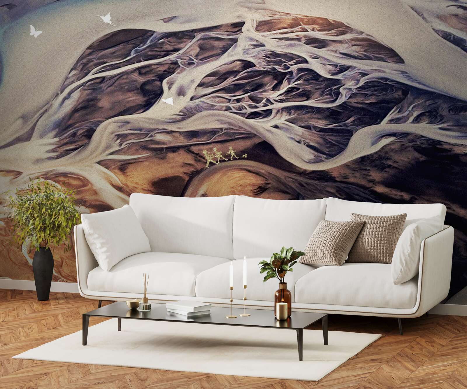 Papier peint fausse silhouette d'un arbre dessinée sur le sable