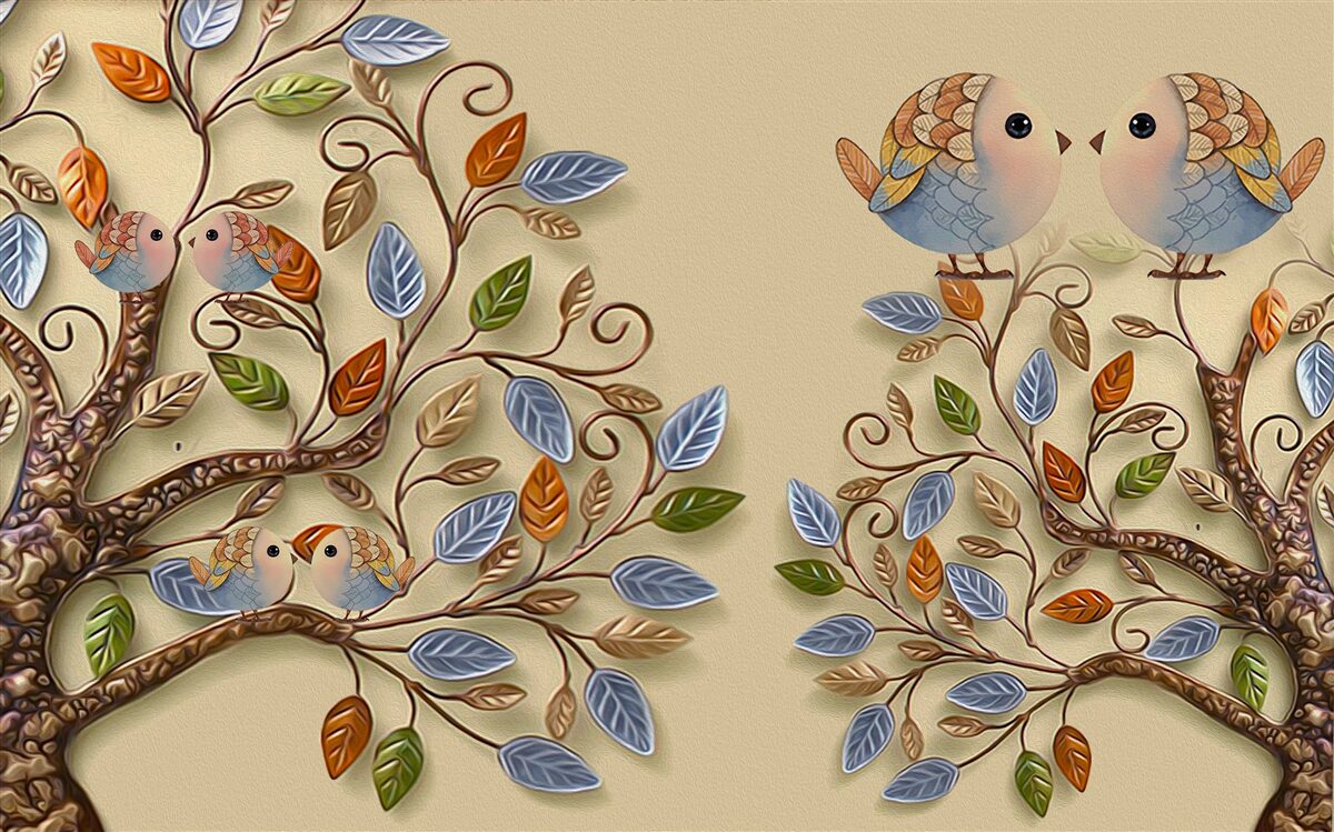 Papier peint arbres d'automne avec oiseaux