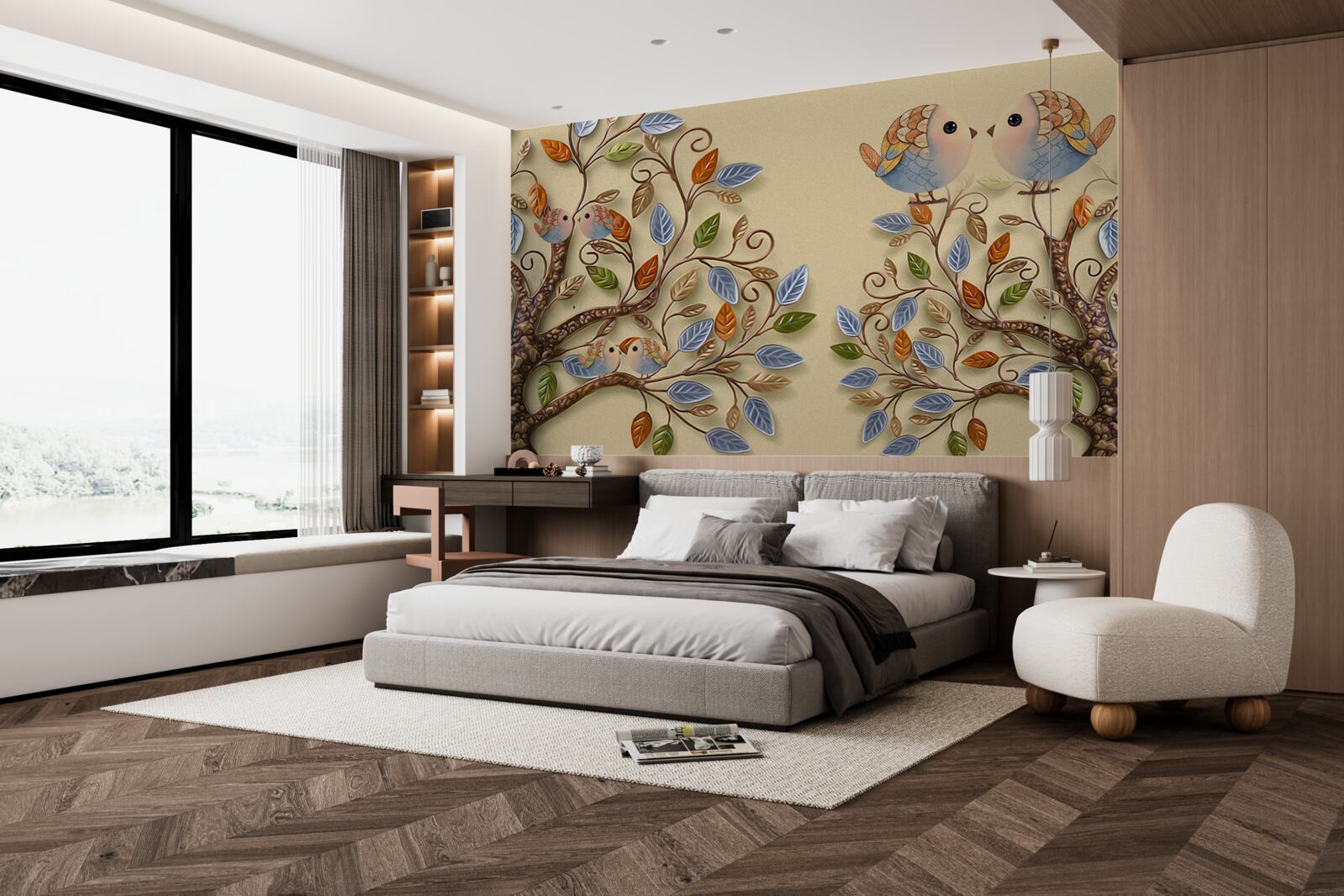 Papier peint arbres d'automne avec oiseaux