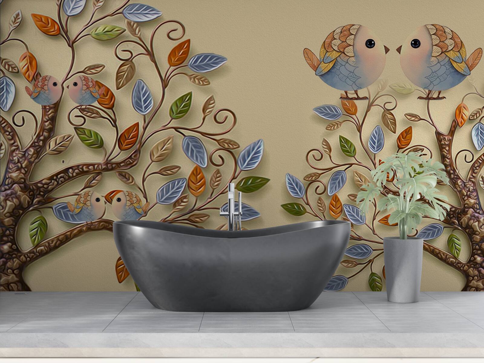 Papier peint arbres d'automne avec oiseaux