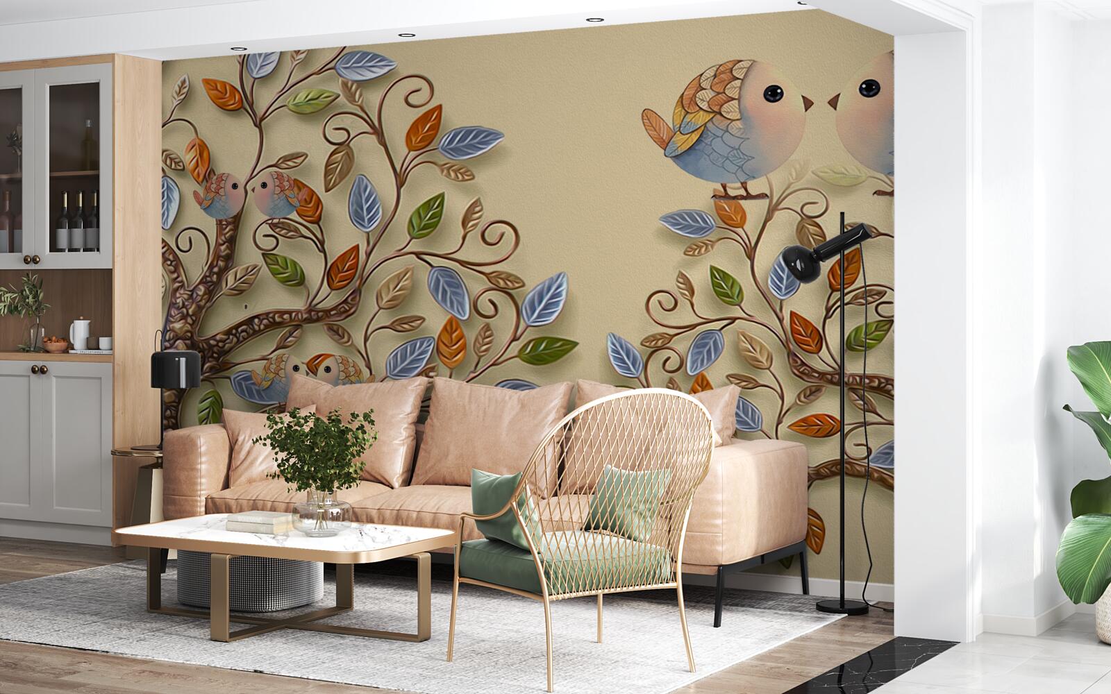 Papier peint arbres d'automne avec oiseaux