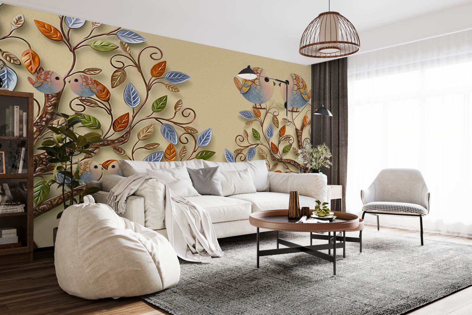 Papier peint arbres d'automne avec oiseaux