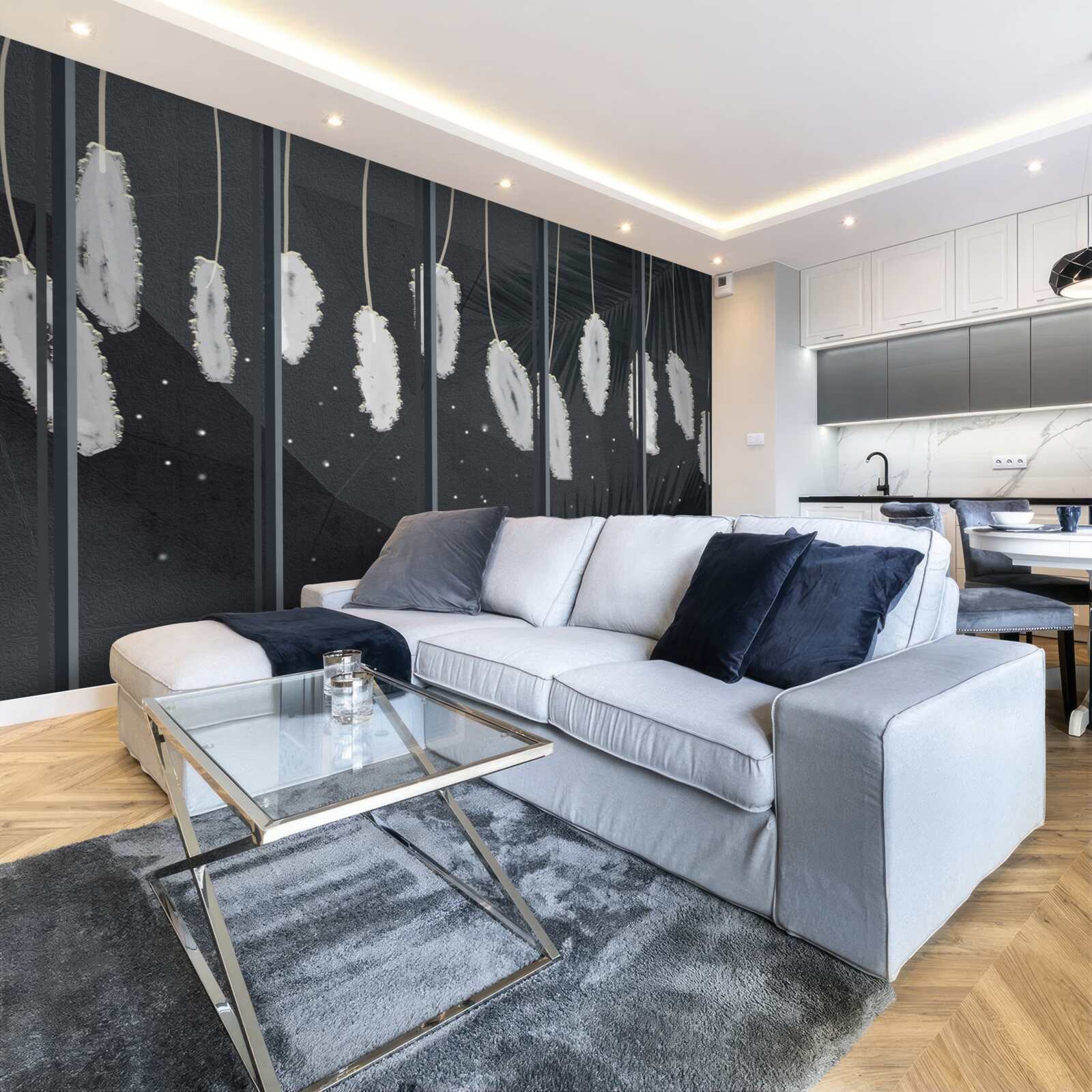 Papier peint duvet derrière la vitre du soir