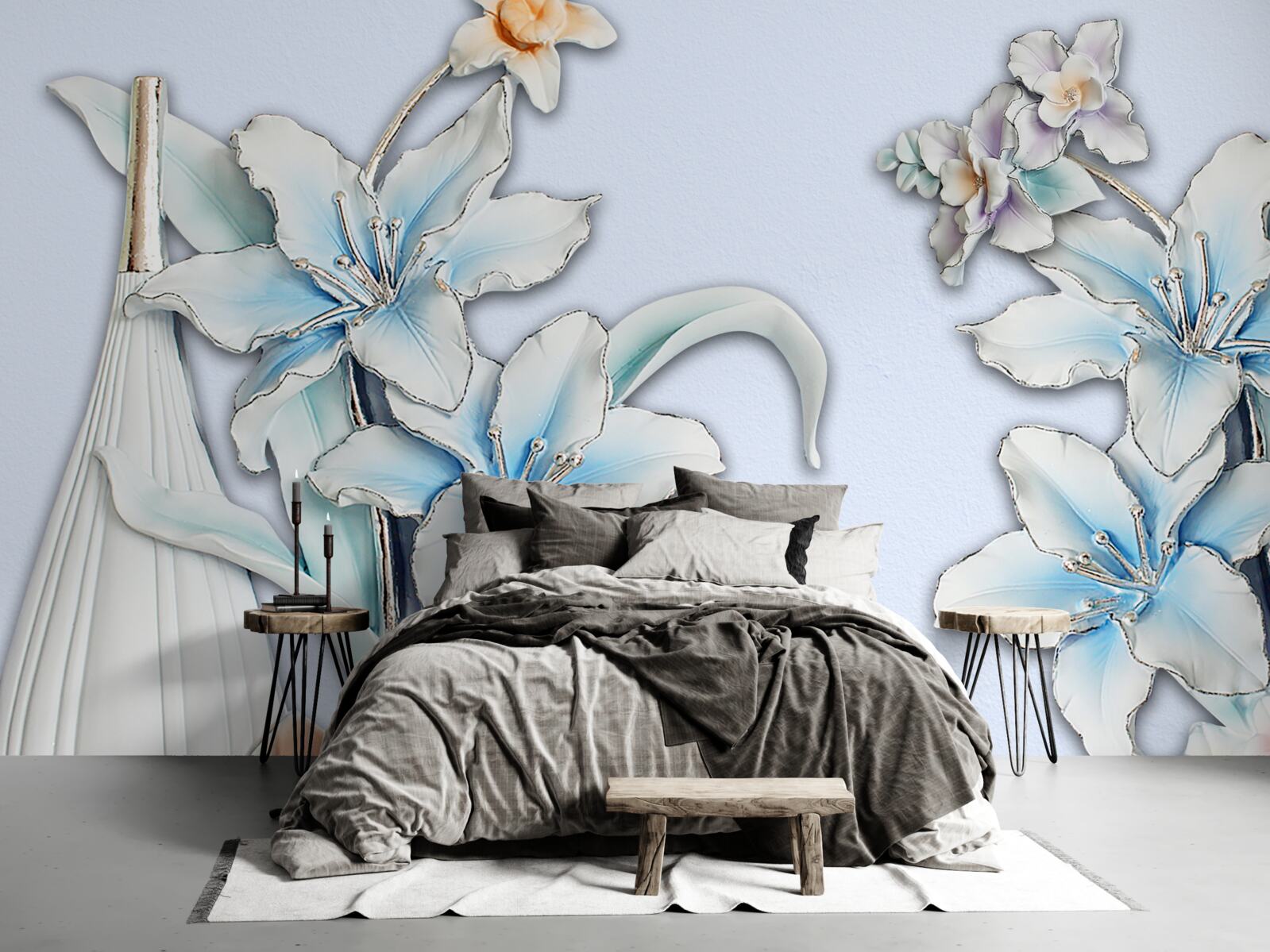 Papier peint bouquet de lys blancs et bleus