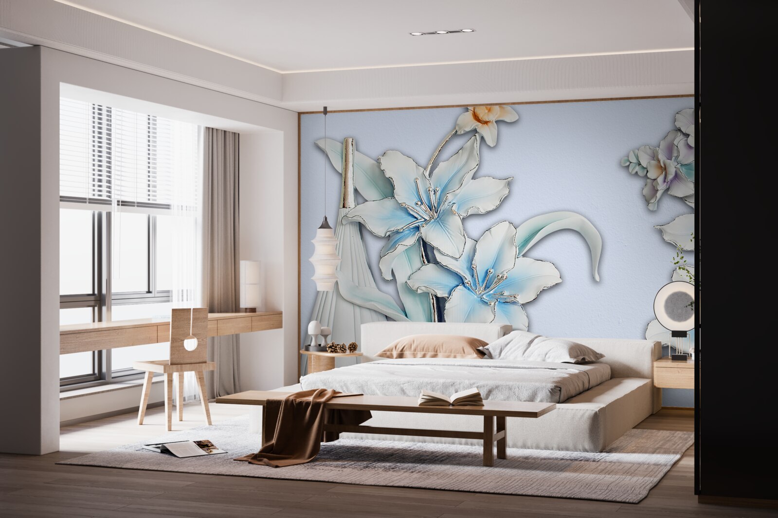 Papier peint bouquet de lys blancs et bleus