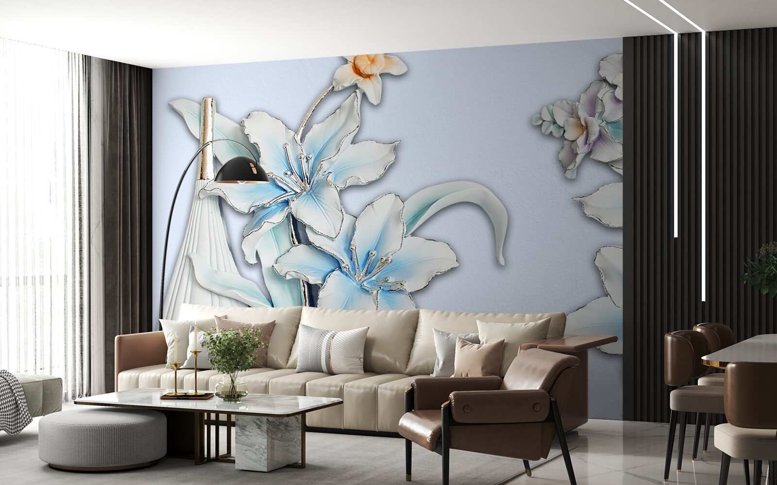 Papier peint bouquet de lys blancs et bleus