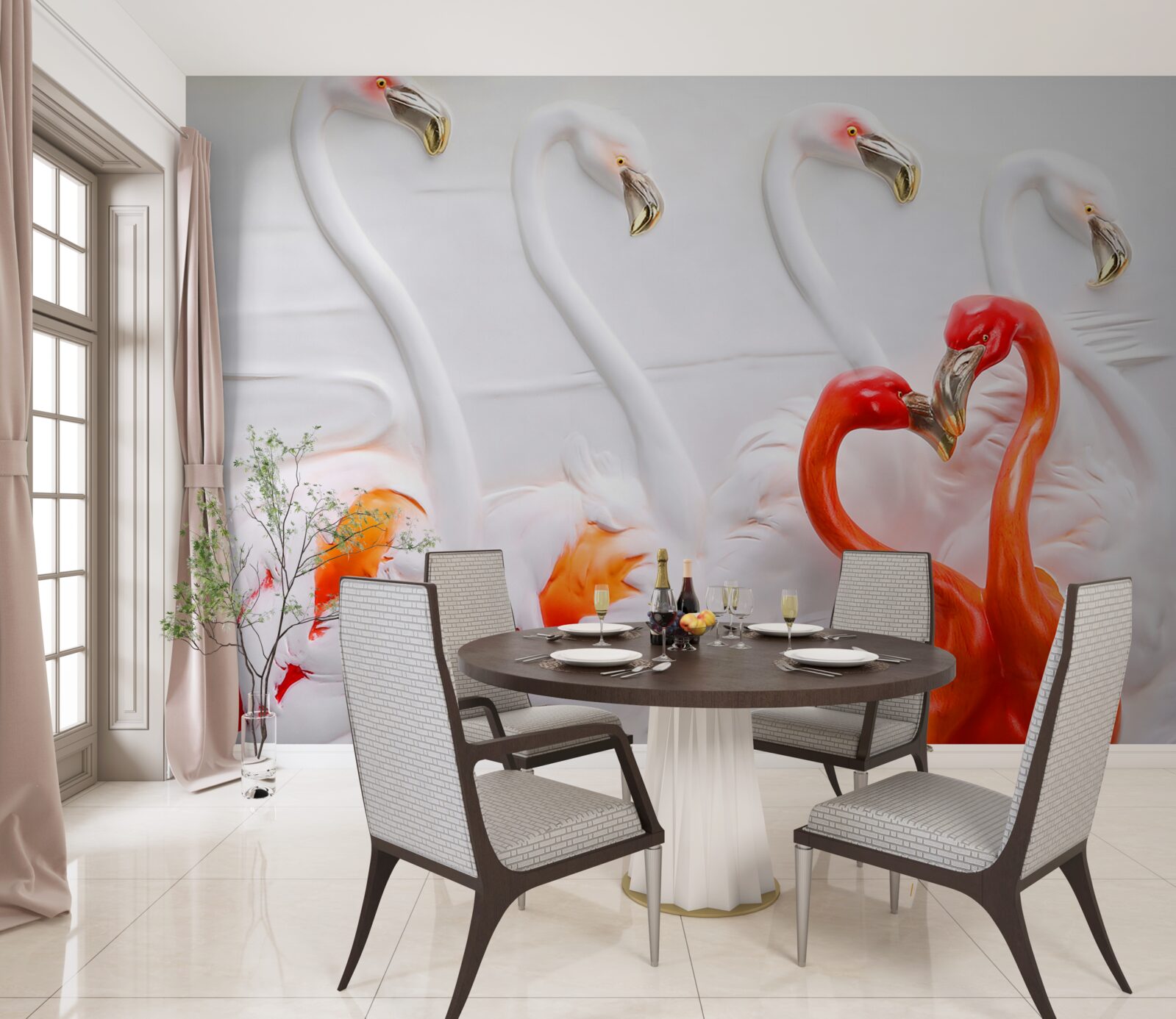 Papier peint flamants roses et blancs