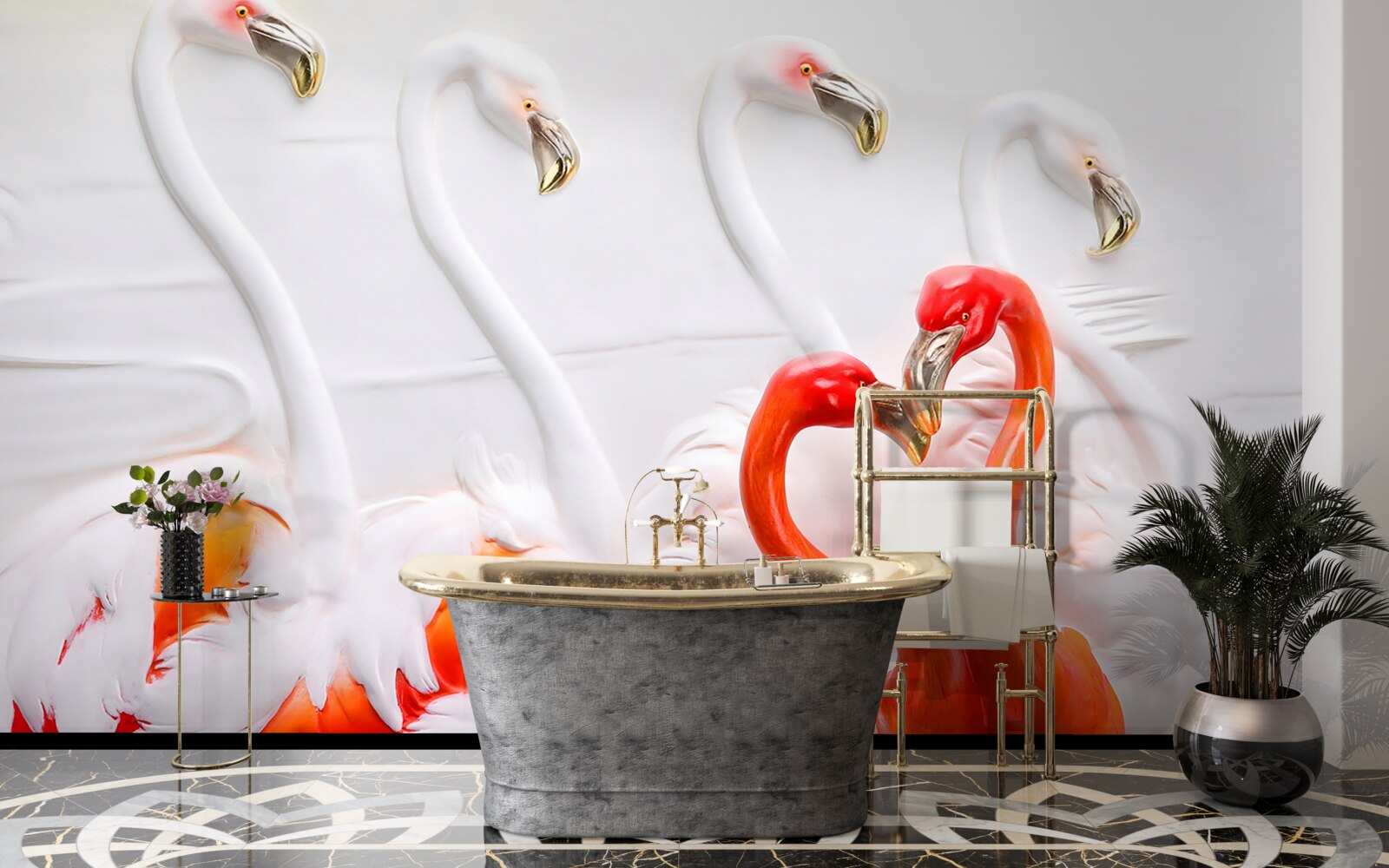 Papier peint flamants roses et blancs