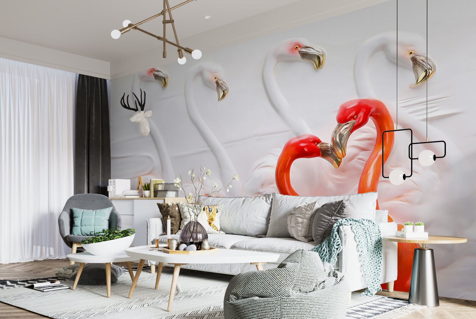 Papier peint flamants roses et blancs