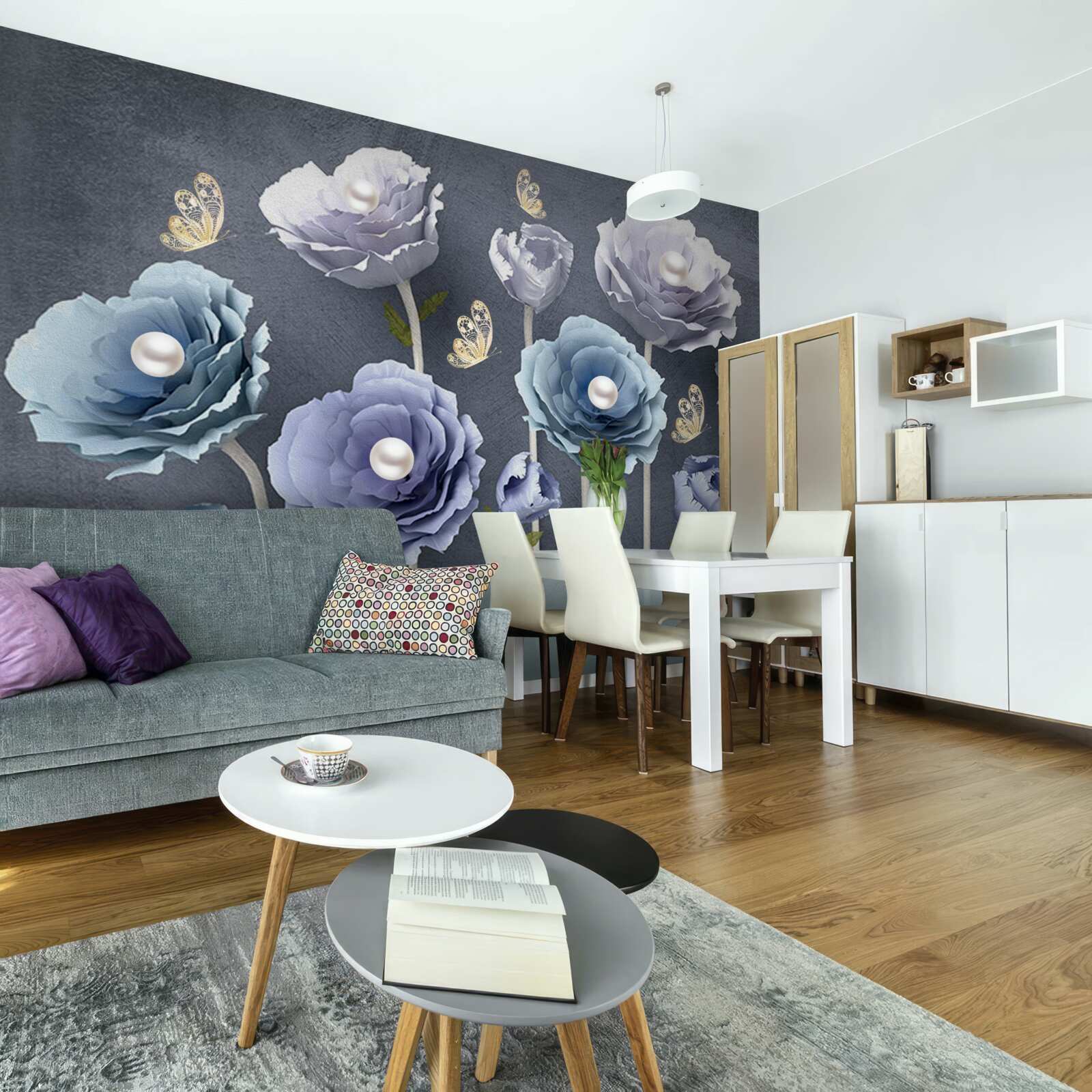 Papier peint coquelicots gracieux bleus et blancs avec papillons