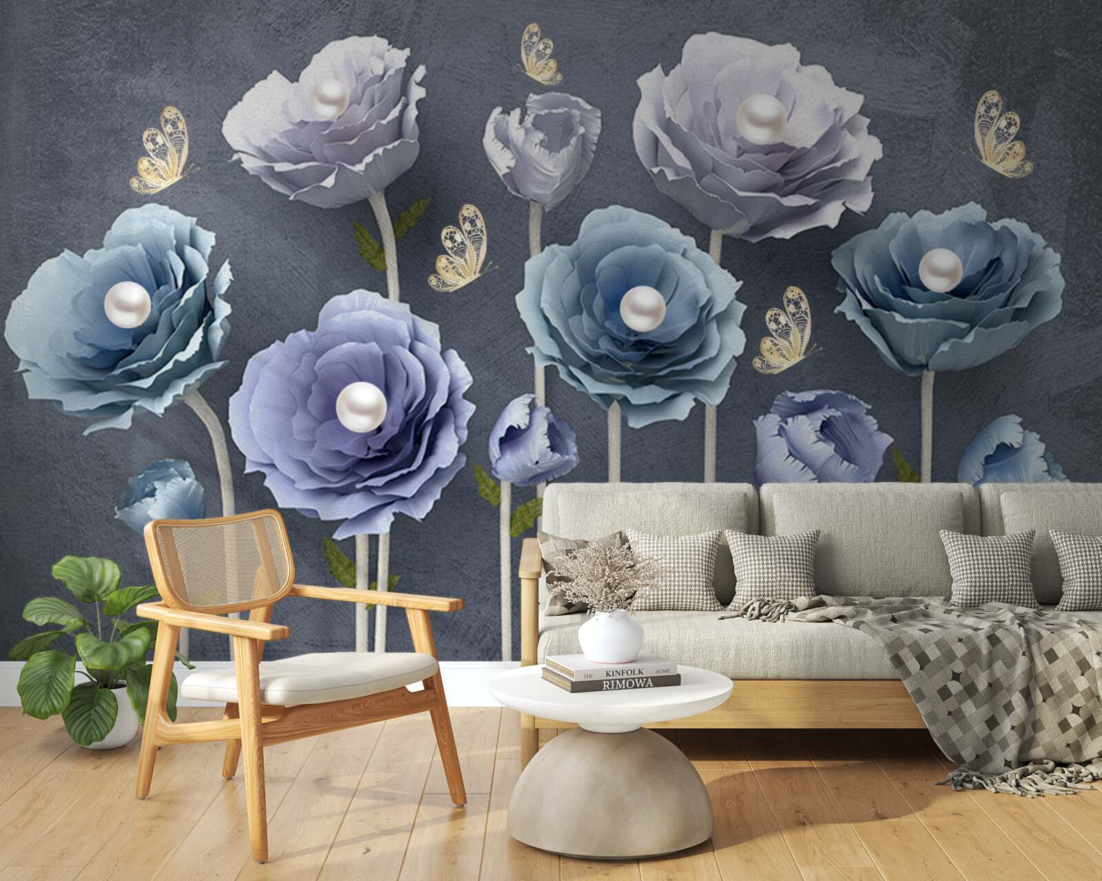 Papier peint coquelicots gracieux bleus et blancs avec papillons