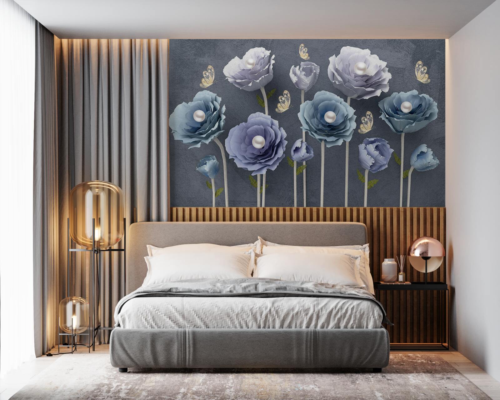 Papier peint coquelicots gracieux bleus et blancs avec papillons