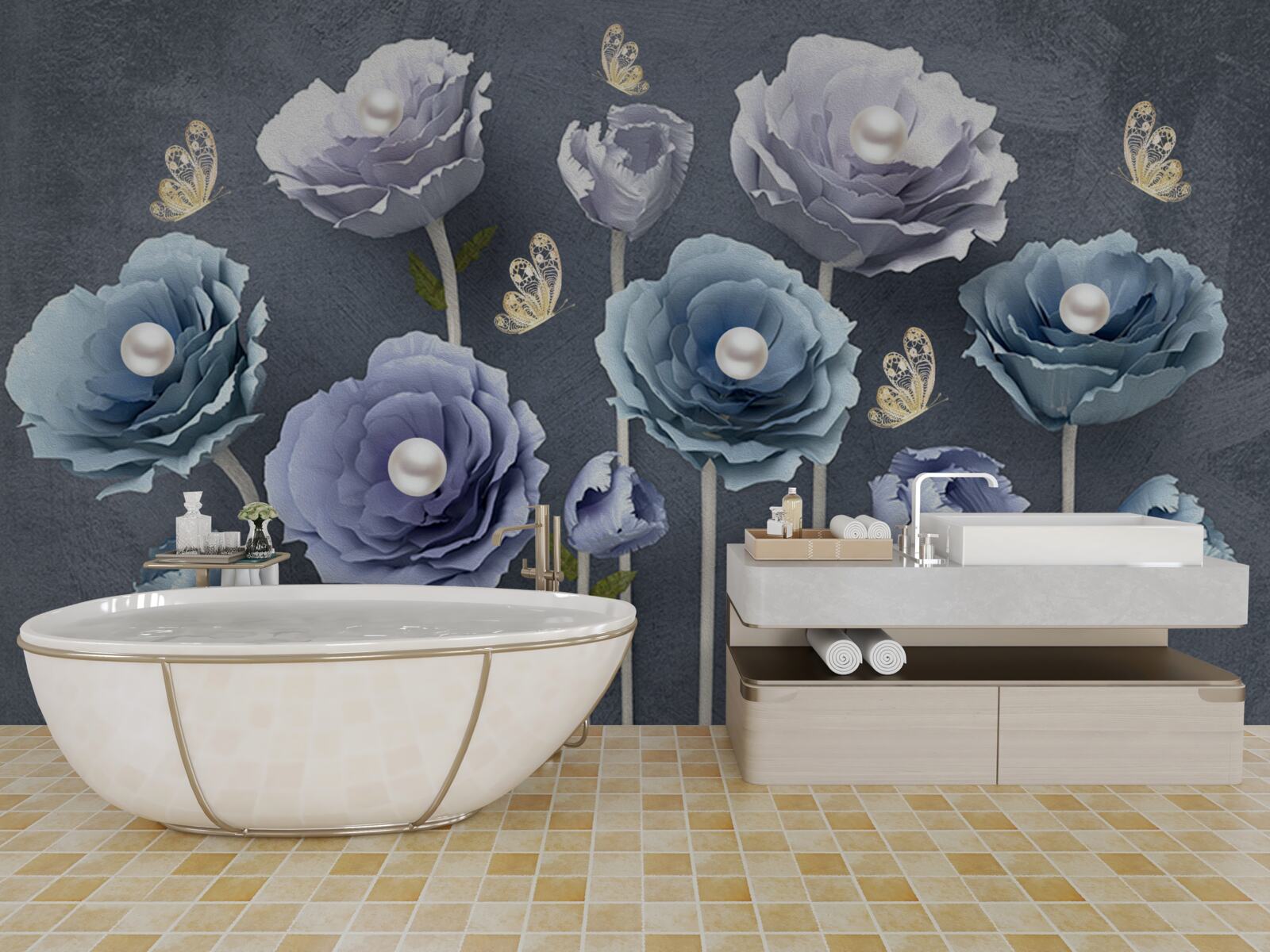 Papier peint coquelicots gracieux bleus et blancs avec papillons