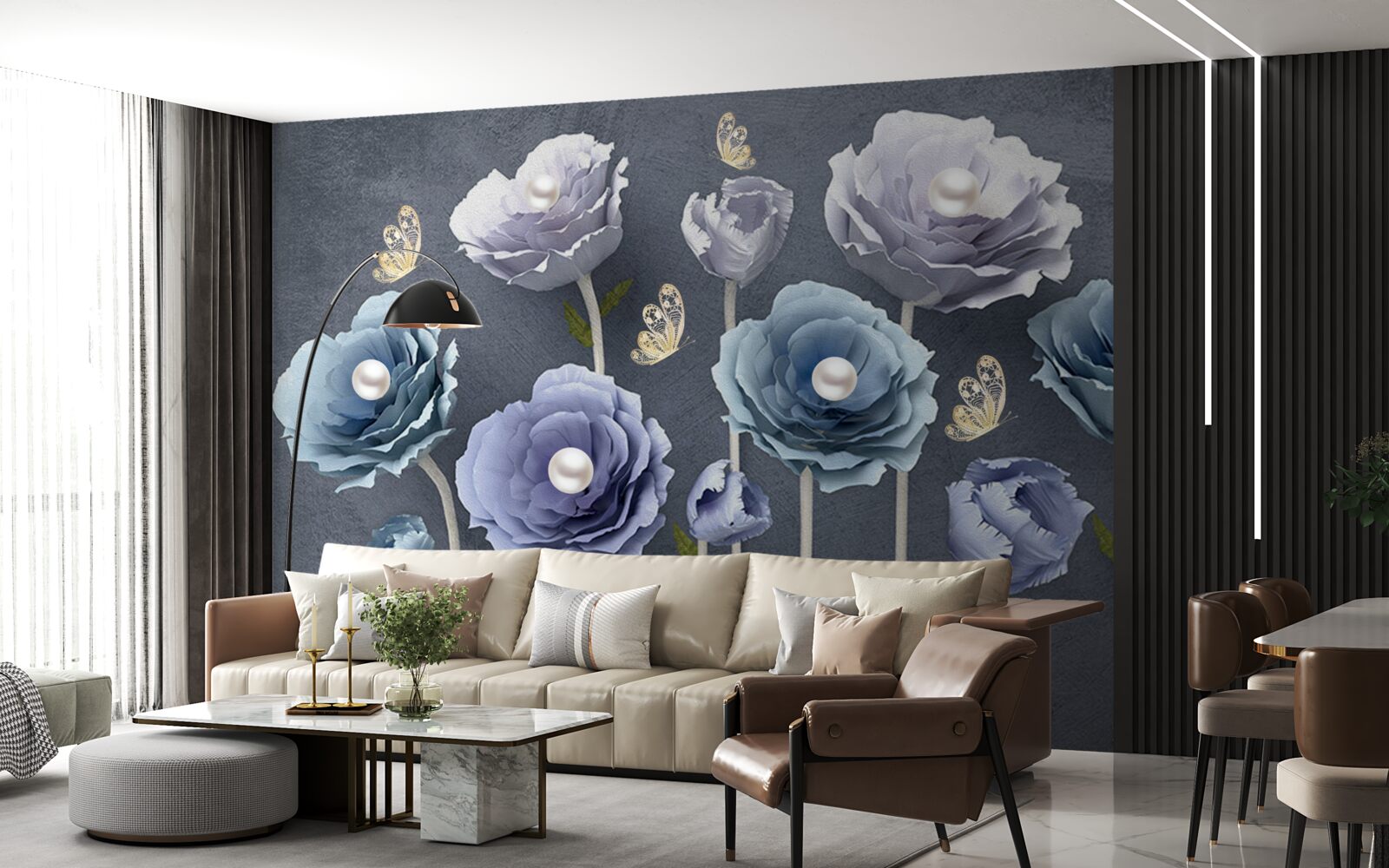 Papier peint coquelicots gracieux bleus et blancs avec papillons