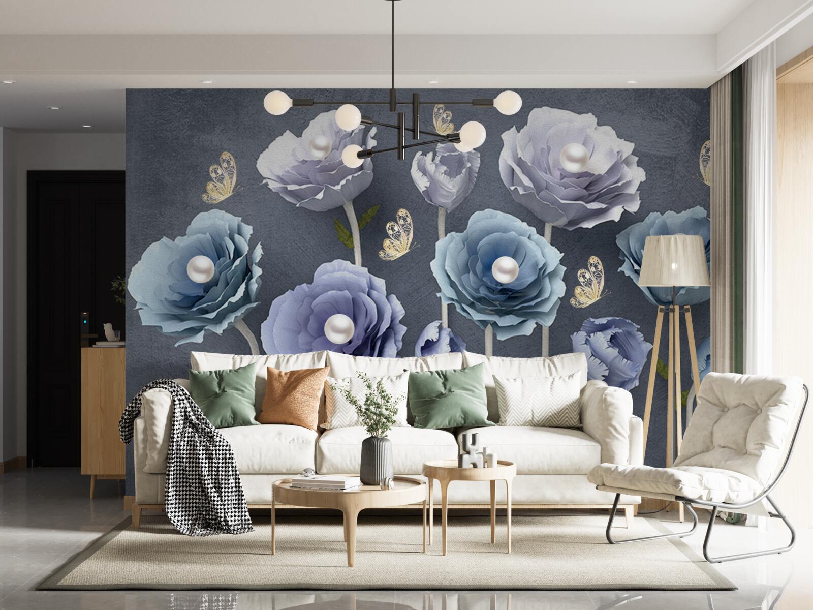 Papier peint coquelicots gracieux bleus et blancs avec papillons