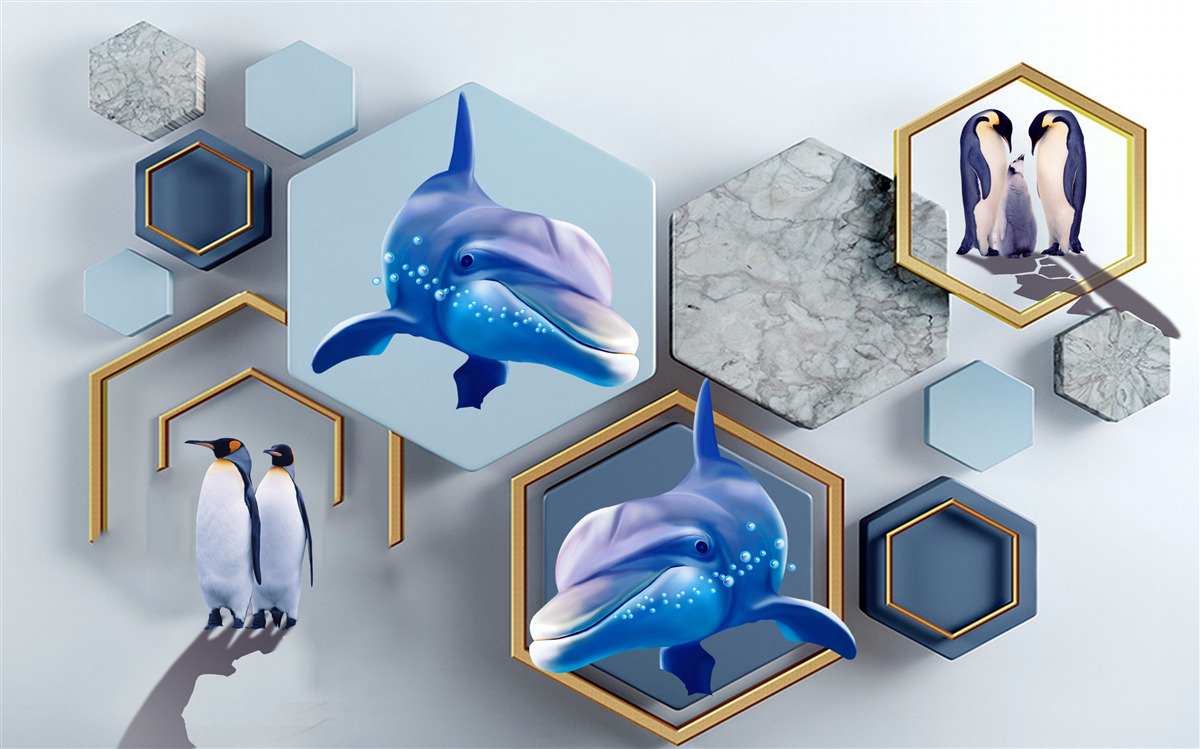 Papier peint dans des pentagones encadrés d'or se trouvent des baleines