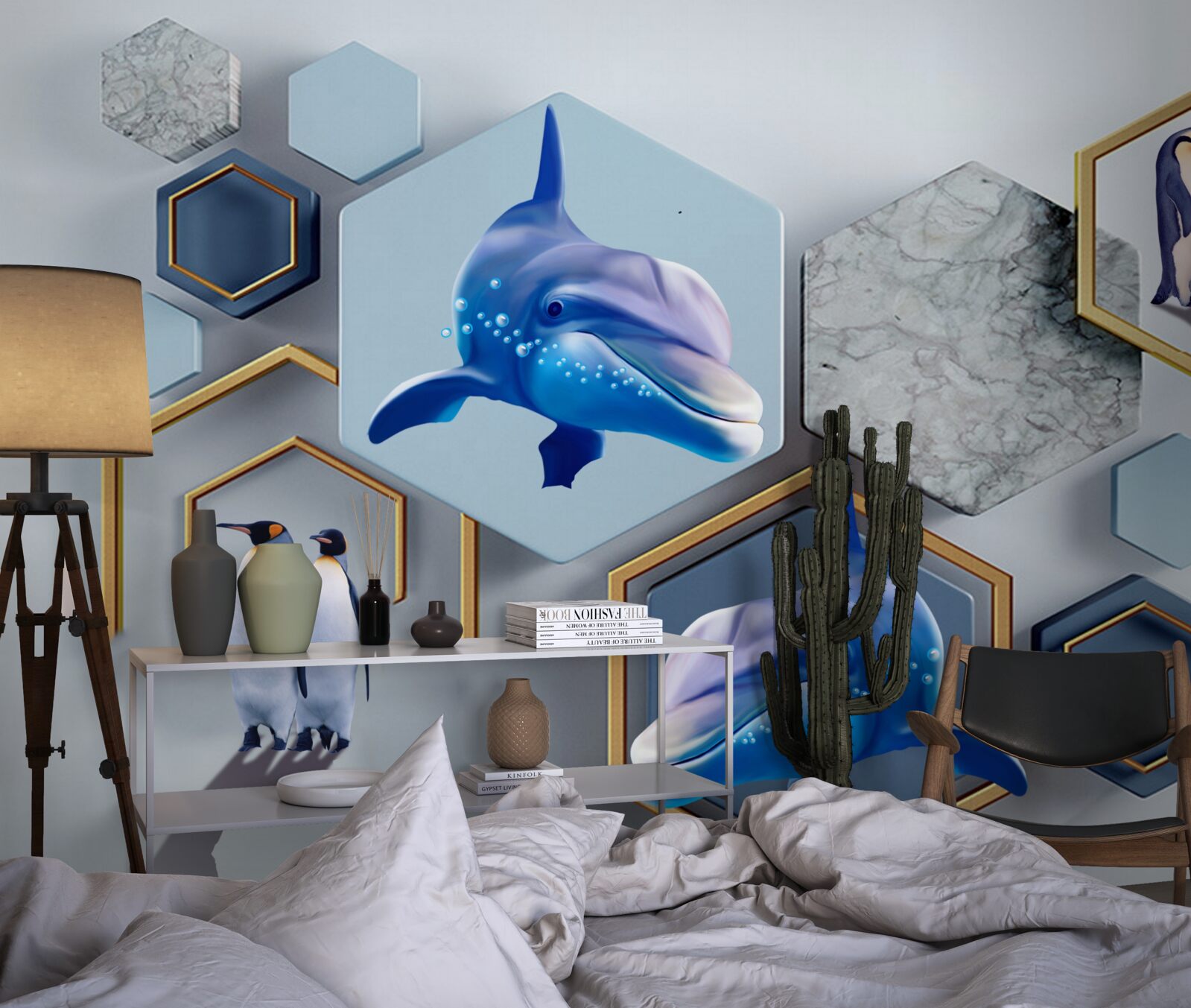 Papier peint dans des pentagones encadrés d'or se trouvent des baleines