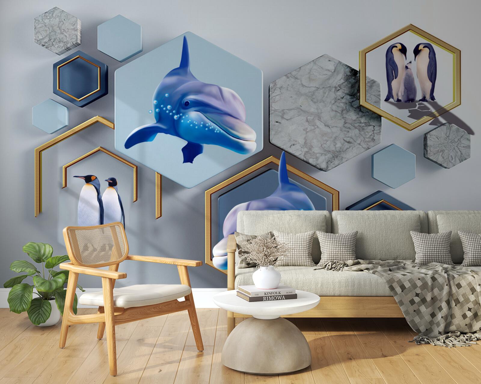 Papier peint dans des pentagones encadrés d'or se trouvent des baleines