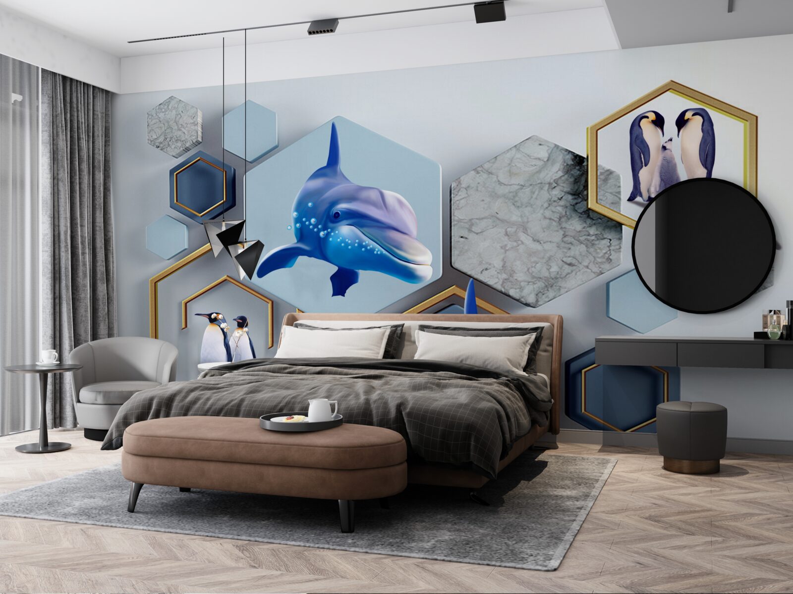 Papier peint dans des pentagones encadrés d'or se trouvent des baleines