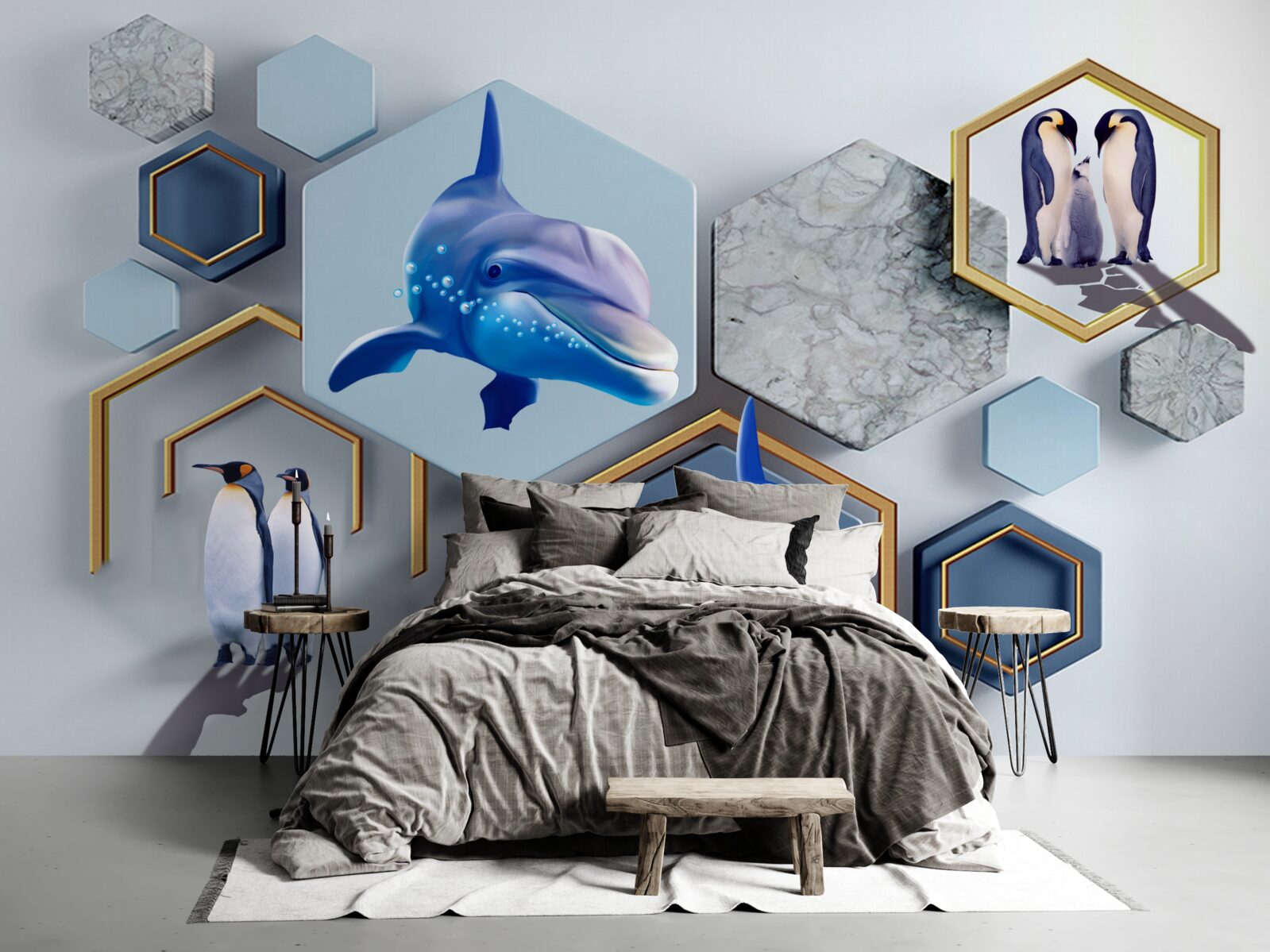 Papier peint dans des pentagones encadrés d'or se trouvent des baleines