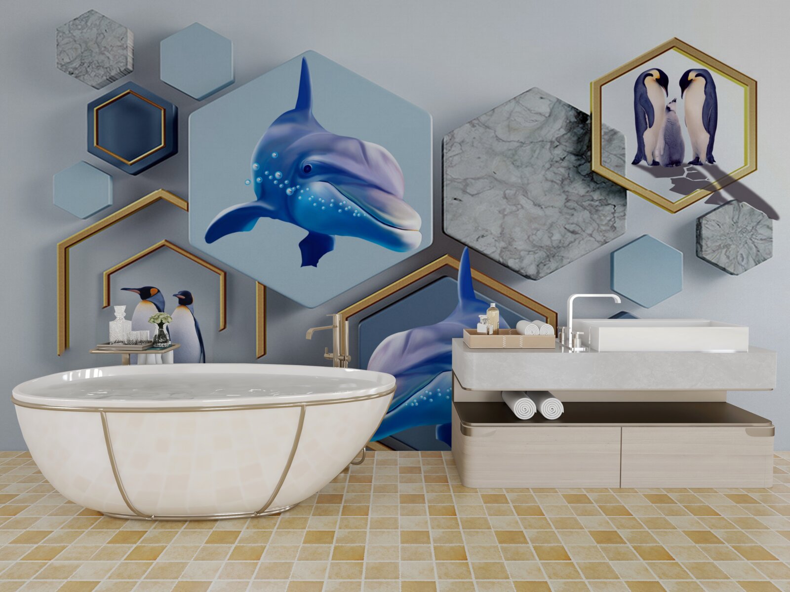 Papier peint dans des pentagones encadrés d'or se trouvent des baleines