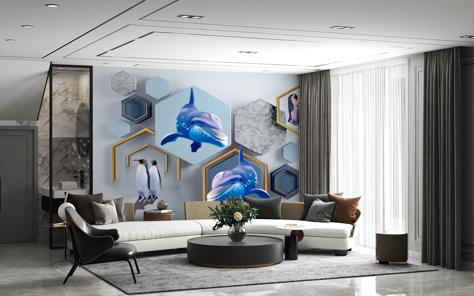 Papier peint dans des pentagones encadrés d'or se trouvent des baleines