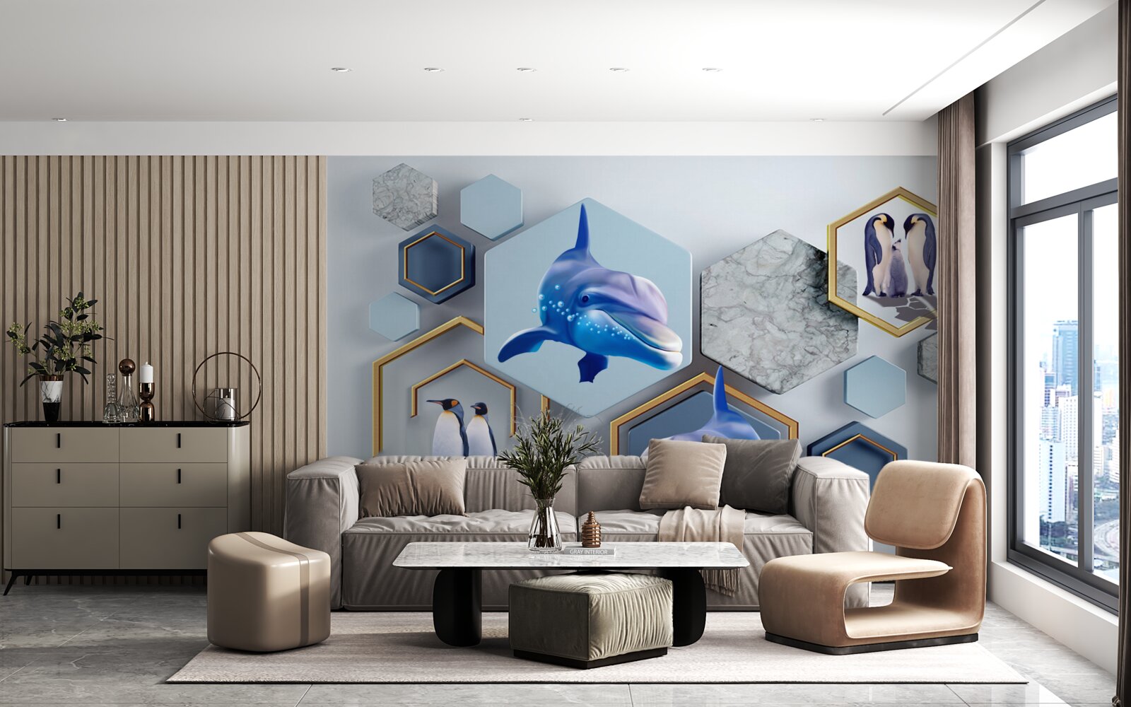 Papier peint dans des pentagones encadrés d'or se trouvent des baleines