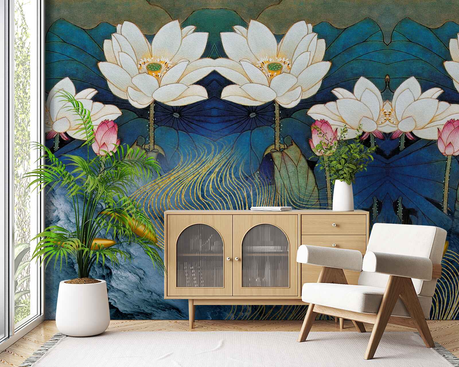 Papier peint l'eau bleue décorée de lotus blancs