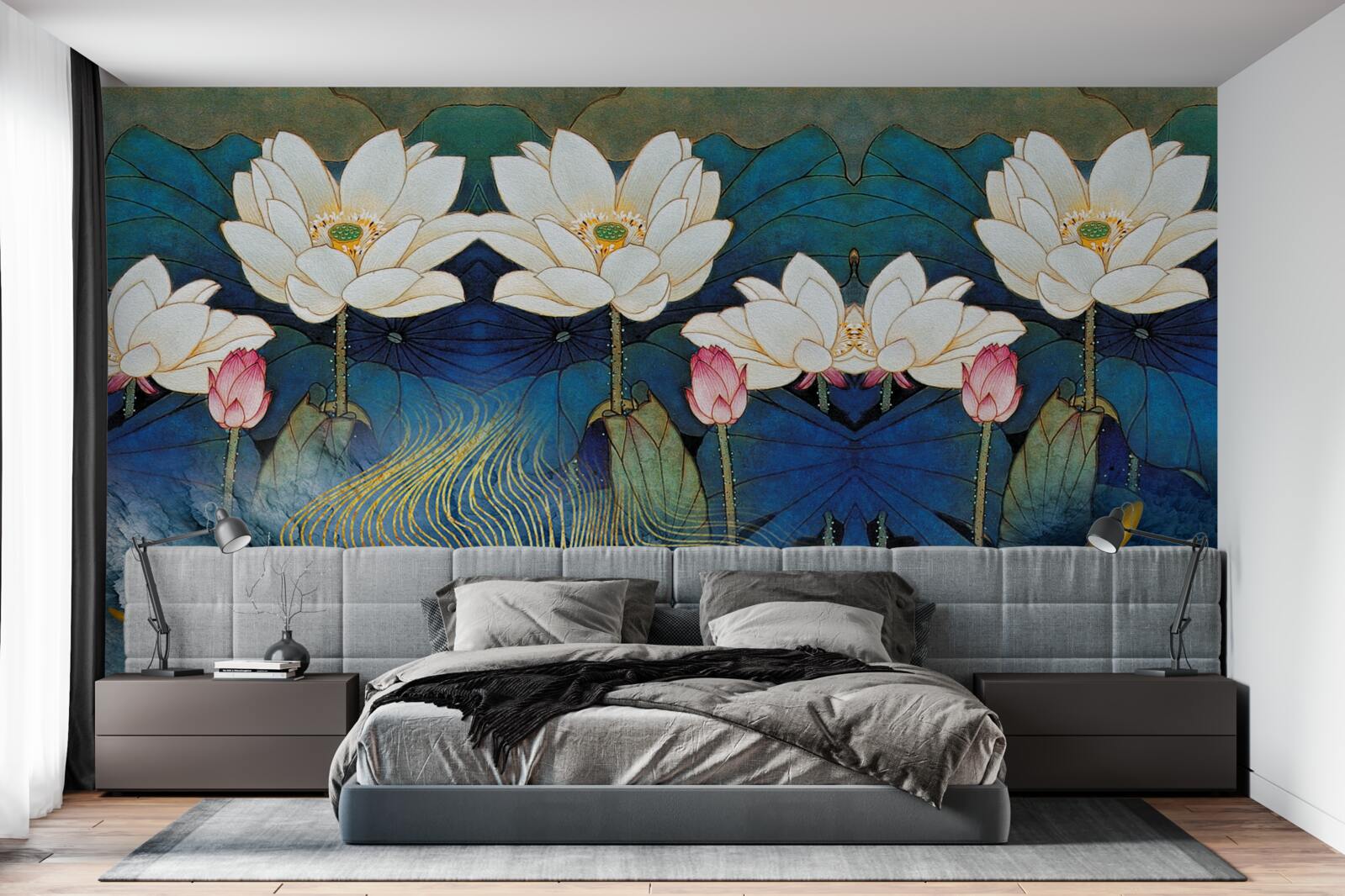 Papier peint l'eau bleue décorée de lotus blancs