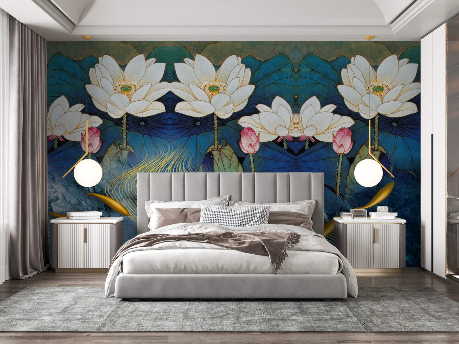 Papier peint l'eau bleue décorée de lotus blancs