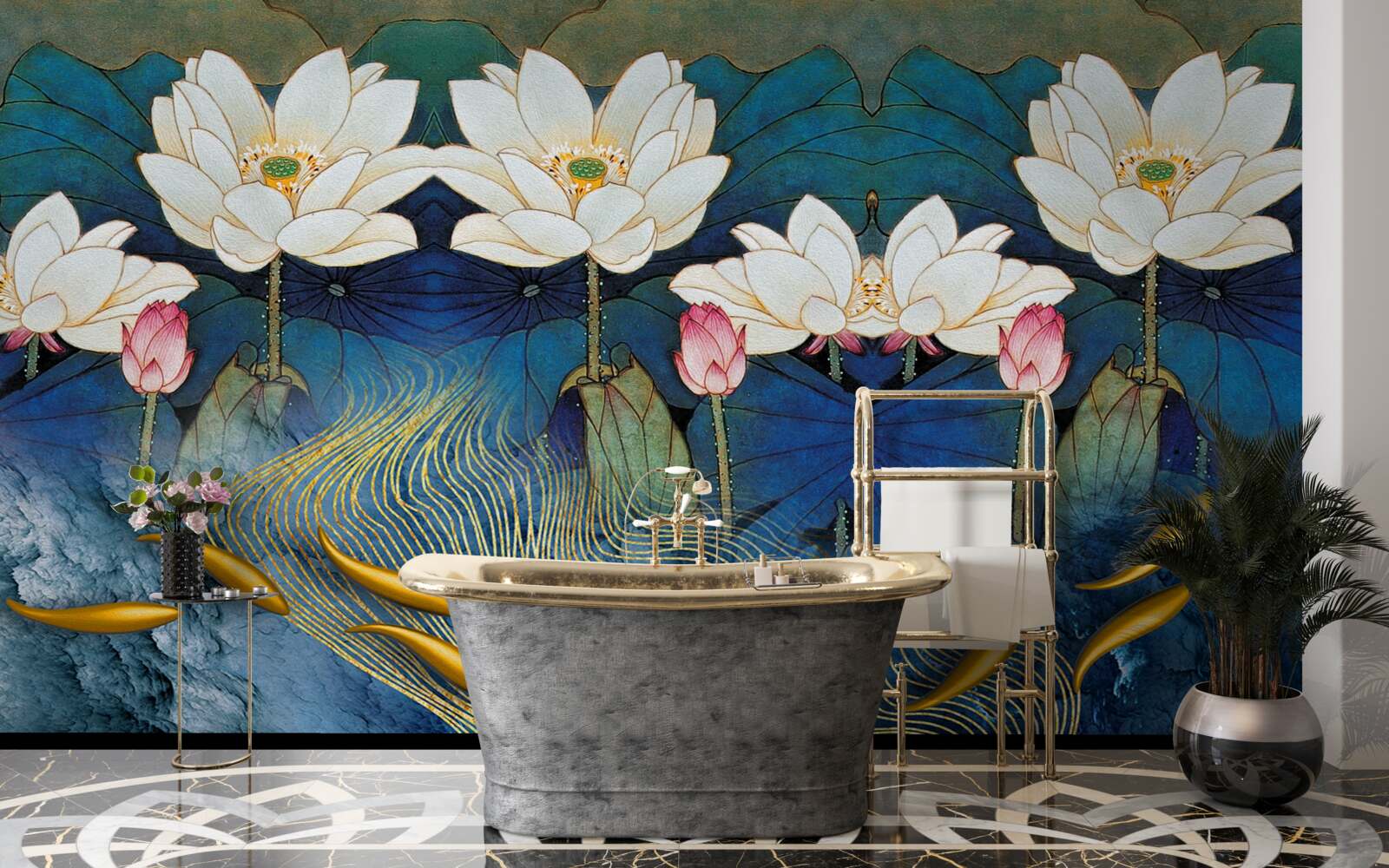 Papier peint l'eau bleue décorée de lotus blancs