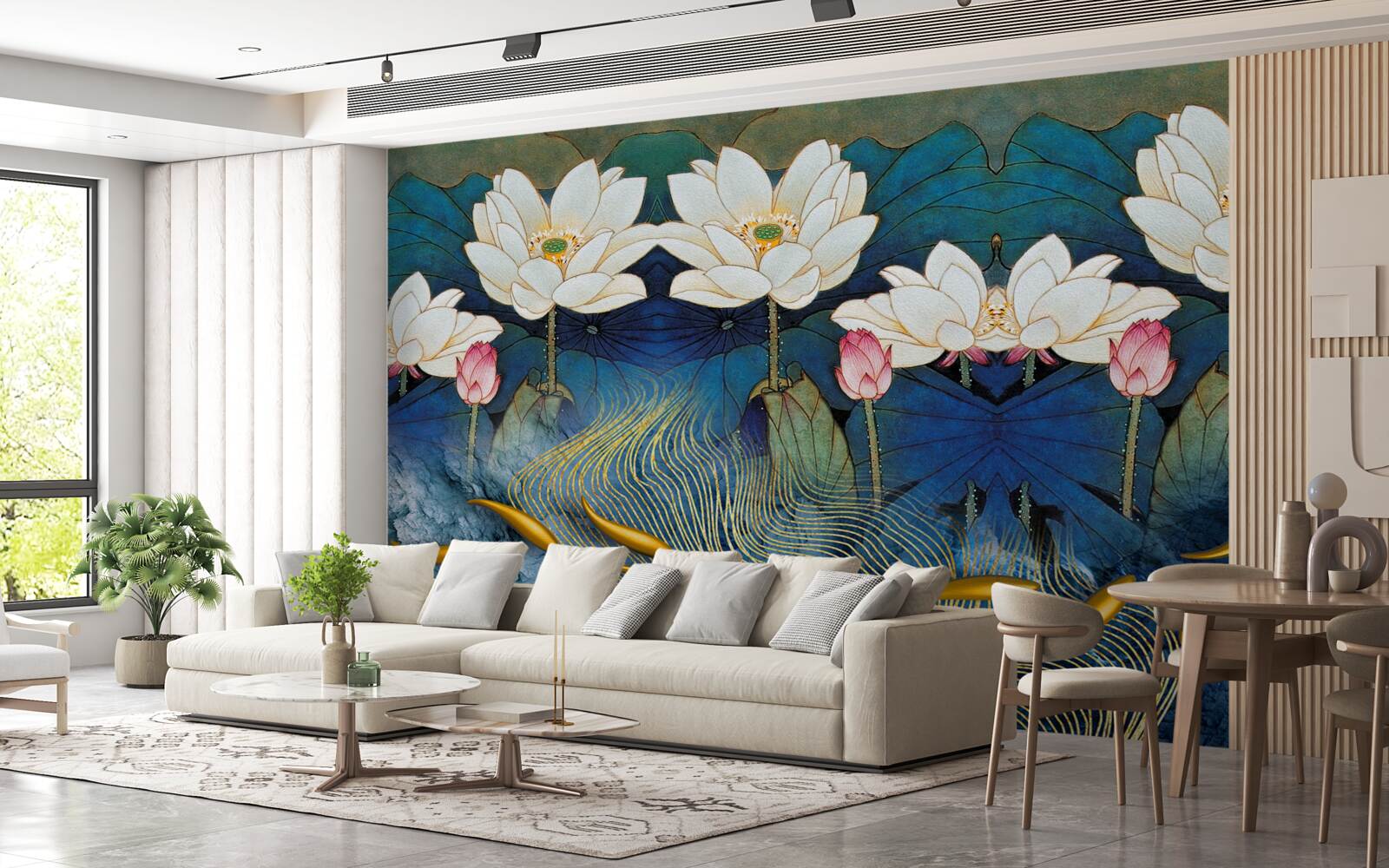 Papier peint l'eau bleue décorée de lotus blancs