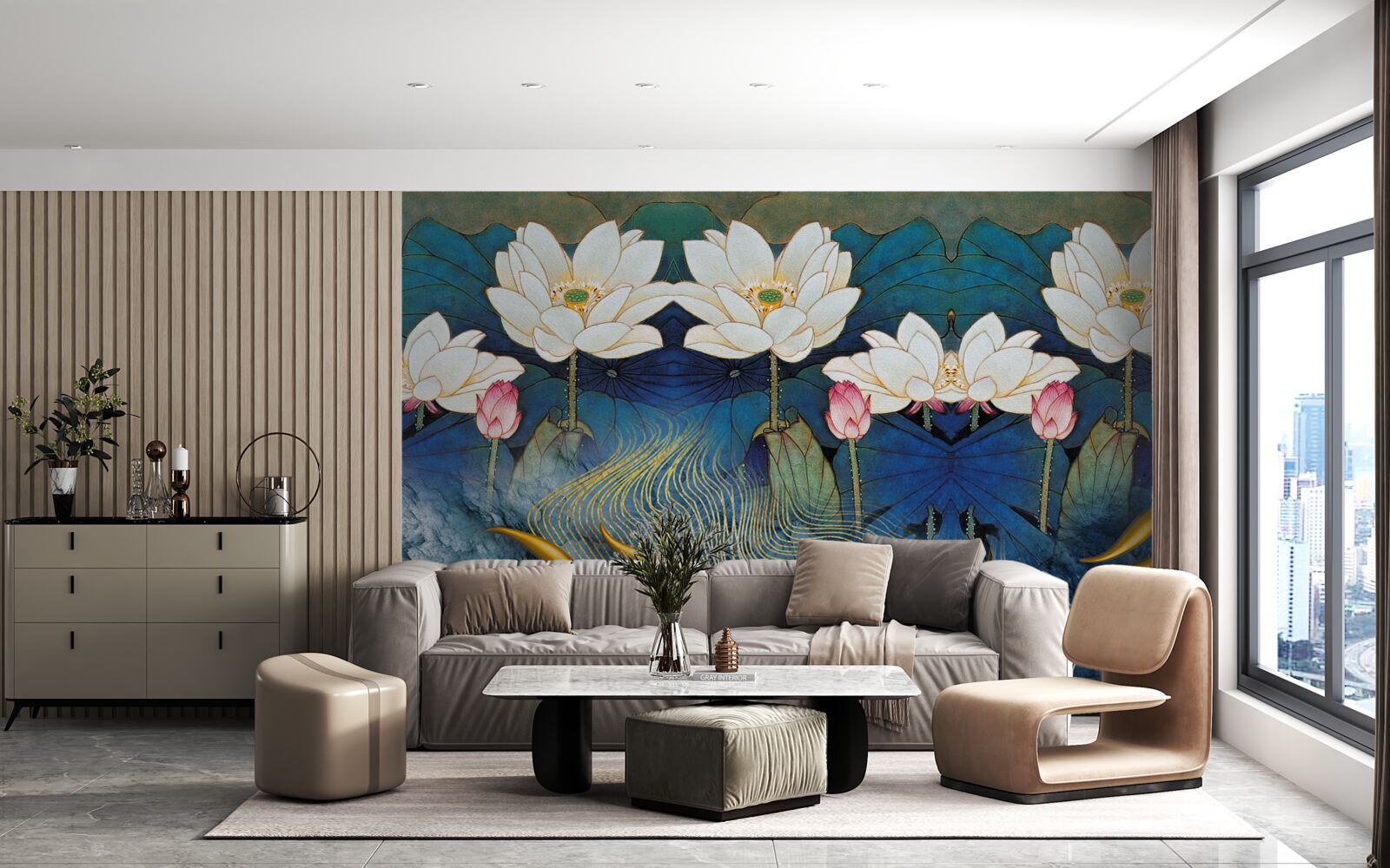 Papier peint l'eau bleue décorée de lotus blancs