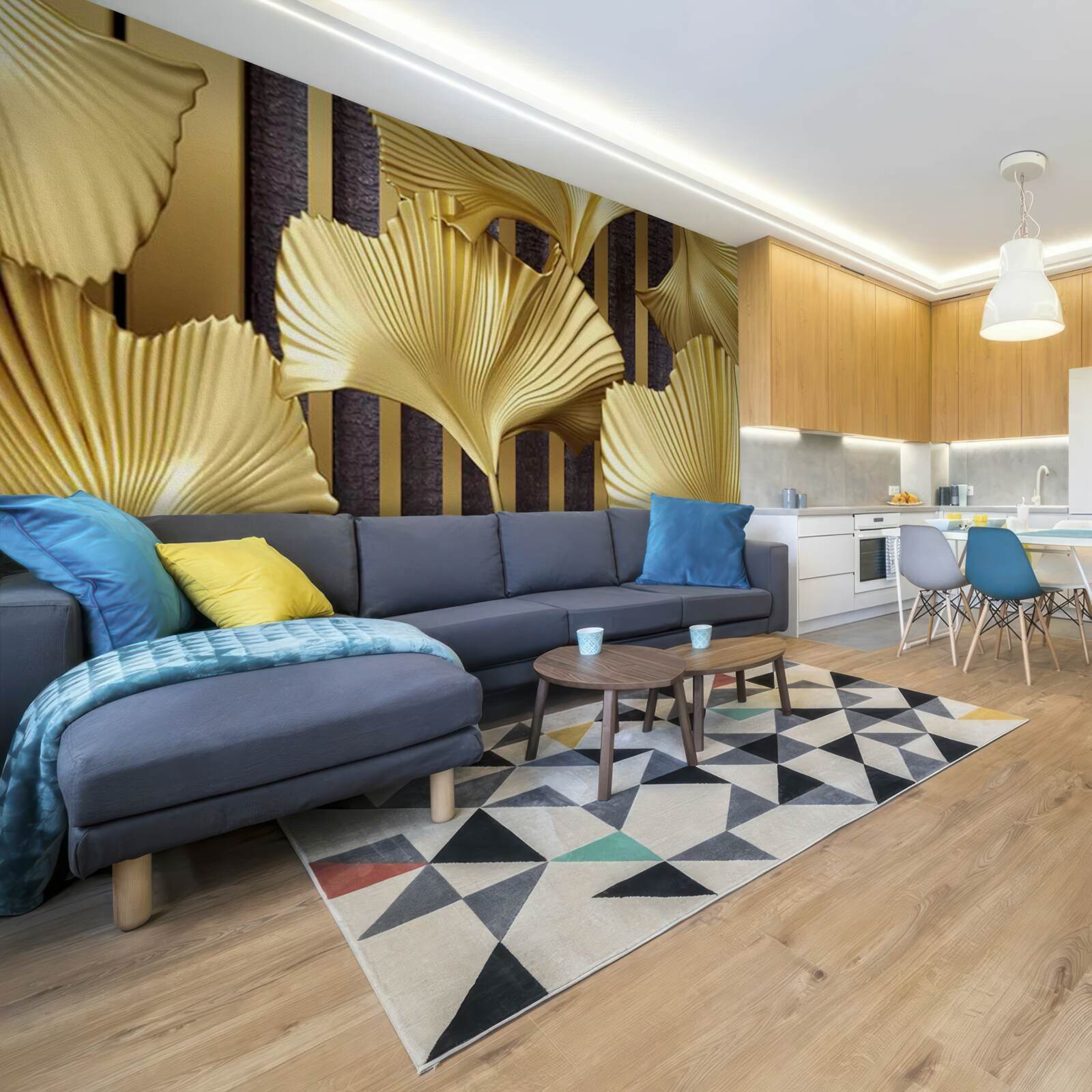 Papier peint feuilles de fougère en or