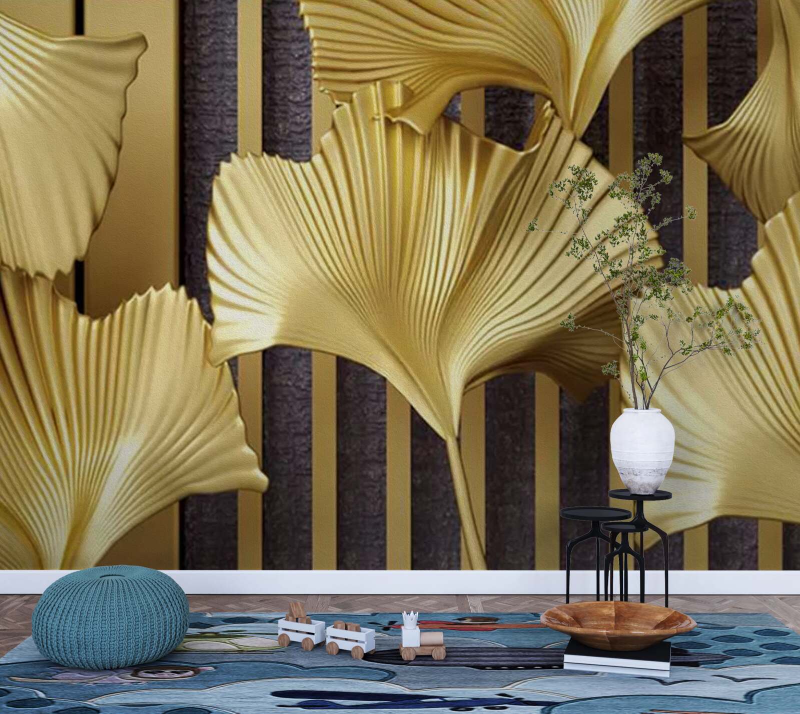 Papier peint feuilles de fougère en or