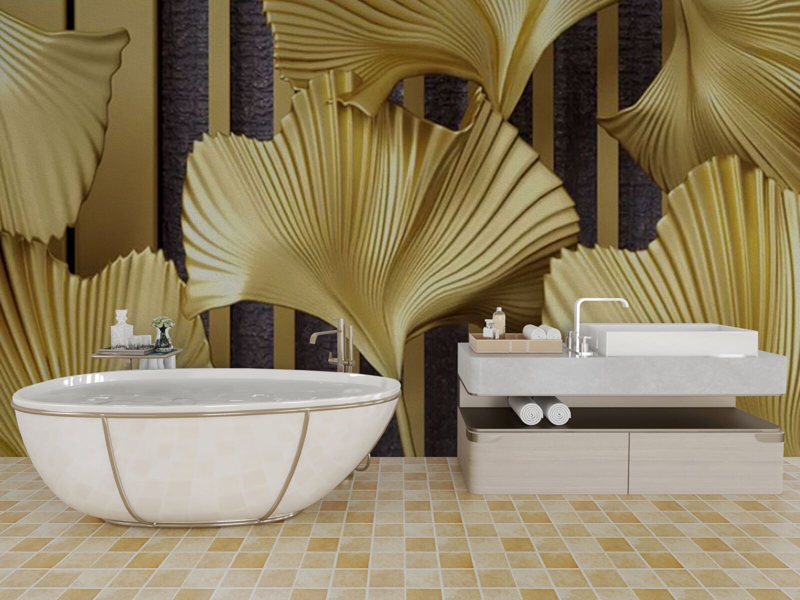 Papier peint feuilles de fougère en or