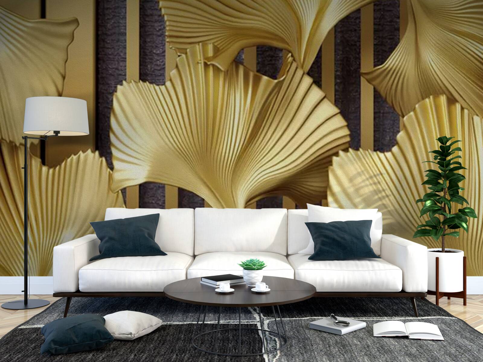 Papier peint feuilles de fougère en or